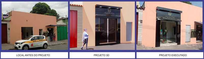 Sequência de projeto: local antes, simulação 3D e projeto executado pela SMART Placas e Toldos